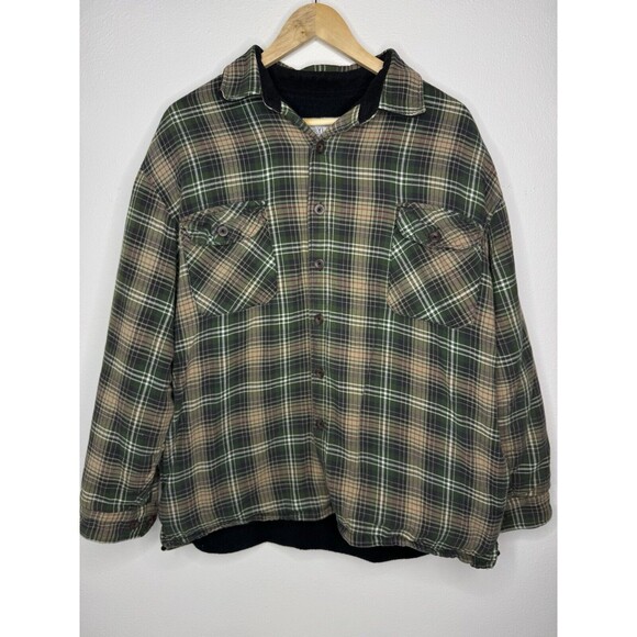 Burrylane Flannel Shirt Jacket Tan Green Fleece Lined Button Down Mens Size XL - Picture 1 of 14